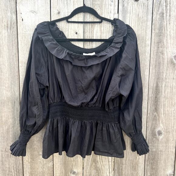 Adam Lippes | Smocked Off The Shoulder Cotton Blouse Black Size 12 Large - Picture 2 of 9
